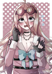 1girl absurdres antenna_hair barbed_wire black_choker black_gloves blonde_hair blue_bow blush border bow breasts choker cleavage commentary_request danganronpa_(series) danganronpa_v3:_killing_harmony dated eyelashes fingerless_gloves flying_sweatdrops gloves goggles goggles_on_head hair_between_eyes hands_up highres iruma_miu ko_jira long_hair long_sleeves open_mouth pink_shirt polka_dot polka_dot_background sailor_collar shirt signature solo upper_body very_long_hair wavy_mouth white_border white_sailor_collar