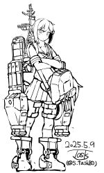 1girl adapted_turret akebono_(kancolle) artist_name bell crossed_arms dated flower full_body hair_bell hair_flower hair_ornament jingle_bell kantai_collection lineart long_hair machinery monochrome one-hour_drawing_challenge pleated_skirt sailor_collar sailor_shirt school_uniform serafuku shirt side_ponytail skirt smokestack solo task_(s_task80) torpedo_launcher