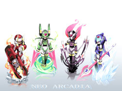1girl 3boys armor blade blue_eyes capcom dual_wielding energy_blade fighting_fefnir_(mega_man) fire green_eyes sage_harpuia_(mega_man) holding ice lance fairy_leviathan_(mega_man) multiple_boys hidden_phantom_(mega_man) polearm red_eyes mega_man_(series) mega_man_zero_(series) scarf shadow shigehiro_(hiroi_heya) spear thumbs_down weapon wind