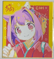 1girl animal_ears blush bow closed_mouth commentary_request ear_bow flower-shaped_pupils hand_up haru_urara_(first_urara_saku_sakura)_(umamusume) haru_urara_(umamusume) head_tilt highres horse_ears japanese_clothes kimono long_sleeves looking_at_viewer moko39_takasora photo_(medium) pinching_sleeves purple_hair red_bow red_eyes red_kimono shikishi signature sleeves_past_wrists smile snowman solo symbol-shaped_pupils traditional_media umamusume upper_body