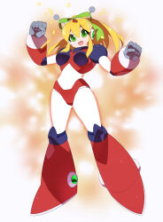absurdres antennae armor armored_boots armored_gloves arms_up bikini_armor blonde_hair blue_eyes blurry blurry_background boots breasts glowing green_ribbon hair_ribbon hairband headphones henshin highres hyper_roll_(marvel_vs._capcom) joints kaidou_zx knee_boots knee_pads large_breasts long_hair looking_at_viewer marvel_vs._capcom mechanical_arms mechanical_boots mechanical_legs mega_man_(classic) mega_man_(series) ponytail radio_antenna red_armor ribbon robot robot_girl robot_joints roll_(mega_man) shoulder_armor sidelocks simple_background smile sparks transformation white_background