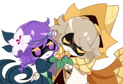 1boy 1girl android braid cape closed_mouth cookie cookie_run cookie_run:_kingdom cosplay dress flower food green_dress hair_flower hair_ornament highres jacket katkit637729776 murder_drones n_(murder_drones) parody pure_vanilla_cookie purple_hair robot simple_background uzi_(murder_drones) white_flower white_hair white_lily white_lily_cookie