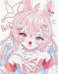1girl absurdres ahoge animal_ears bad_id bad_twitter_id blue_bow bow braid clown clown_nose deermiko hair_bow hair_ornament heart heart_hair_ornament highres long_sleeves phase_connect pink_bow pink_eyes pink_hair pipkin_pippa rabbit_ears rabbit_hair_ornament solo twitter_username upper_body virtual_youtuber