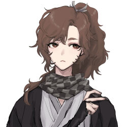 Rule 34 | 1girl, :&lt;, black jacket, brown eyes, brown hair, closed mouth, fingerless gloves, gloves, grey kimono, hair over shoulder, hand up, haori, highres, jacket, japanese clothes, jiz (pffbq), kimono, long hair, looking at viewer, original, ponytail, scarf, simple background, solo, upper body, white background