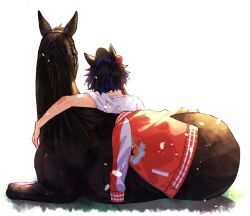 1girl animal_ears arm_around_neck black_hair commentary_request creature_and_personification from_behind hair_ornament horse horse_ears horse_girl jacket jagaimobeniko katsuragi_ace_(racehorse) katsuragi_ace_(umamusume) personification ponytail real_life red_jacket shirt short_ponytail track_jacket umamusume unworn_jacket white_shirt