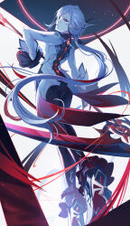Rule 34 | 1girl, absurdres, arlecchino (genshin impact), black hair, black pants, coat, commentary, genshin impact, haru same322, high heels, highres, leggings, long hair, looking at viewer, looking back, multicolored hair, pants, scythe, standing, streaked hair, symbol-shaped pupils, vision (genshin impact), weapon, white coat, white hair, x-shaped pupils