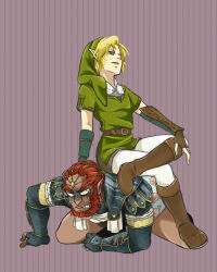 2boys arika_(crianca) armor beard belt black_gloves blonde_hair boots bracer brown_background brown_boots brown_gloves clenched_teeth dark-skinned_male dark_skin facial_hair fingerless_gloves ganondorf gerudo gloves green_hat hat link multiple_boys nintendo pantyhose pig_print pointy_ears red_hair sitting sitting_on_person teeth the_legend_of_zelda the_legend_of_zelda:_twilight_princess tunic underwear white_pantyhose