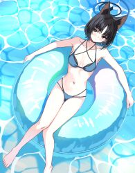 1girl animal_ears bikini black_bikini black_choker black_eyes black_hair blue_archive blue_bikini blue_halo bob_cut breasts cat_ears cat_girl choker cleavage closed_mouth criss-cross_straps curtained_hair day expressionless halo highleg highleg_bikini highres kikyou_(blue_archive) kikyou_(swimsuit)_(blue_archive) knees_together_feet_apart layered_bikini looking_at_viewer lying medium_breasts multi-strapped_bikini_bottom multi-strapped_bikini_top navel official_alternate_costume on_back on_innertube oniku_(o29sukizero) short_hair solo stomach swimsuit thigh_gap water