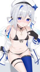 1girl adapted_costume amane_kanata amane_kanata_(work) angel angel_wings armpit_crease bare_shoulders beret bikini blue_thighhighs blush collarbone flat_chest gloves grey_hair hair_rings hat highres hololive jacket jacket_partially_removed jewelry navel necklace off_shoulder partially_fingerless_gloves purple_eyes simple_background single_thighhigh solo stomach string_bikini sweat swimsuit thigh_strap thighhighs tojo_aoi white_background wings