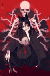 Rule 34 | 1boy, absurdres, androgynous, animal ears, black hair, black nails, blood, broken mirror, closed mouth, eyeshadow, facial tattoo, fox ears, hand tattoo, hand up, head rest, highres, holding, japanese clothes, kariginu, lips, long hair, long sleeves, looking at viewer, makeup, male focus, mirror, nail polish, original, pool of blood, red background, red eyeshadow, red lips, seal impression, signature, skeleton, skull, solo, tassel, tattoo, ushiyama ame, wide sleeves