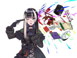 1girl ;p ab7u_ta absurdres ashtray belt black_belt black_bow black_choker black_dress black_gloves black_hair blue_eyes blunt_bangs book bow breasts camera choker choko_(cup) cigarette commentary_request cross-laced_clothes cross-laced_dress cup cushion dress gloves gothic_lolita grey_hair gun gun_to_head handgun hands_up highres holding holding_gun holding_weapon hololive hololive_dev_is juufuutei_raden juufuutei_raden_(1st_costume) kiseru lace lace_choker lolita_fashion long_hair long_sleeves looking_at_viewer mahjong mahjong_tile mask medium_breasts multicolored_hair noh_mask one_eye_closed open_book open_mouth paint_splatter red_brooch revolver scroll sidelocks smoking_pipe solo streaked_hair teeth tokkuri tongue tongue_out trigger_discipline two-tone_hair upper_body upper_teeth_only virtual_youtuber weapon white_background zabuton