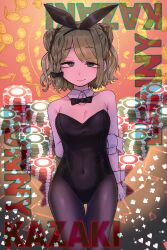 1girl absurdres aged_up animal_ear_hairband animal_ears arms_behind_back black_leotard black_pantyhose black_ribbon bow bowtie braided_sidelock breasts card casino character_name cleavage closed_mouth coin covered_navel crossed_arms detached_collar double_bun fake_animal_ears fake_tail gold_coin green_eyes green_hair hair_bun hair_ribbon hairband highleg highleg_leotard highres leotard light_smile looking_at_viewer medium_breasts morinaka_kazaki nijisanji pantyhose playboy_bunny playing_card poker_chip queen_(playing_card) rabbit_ear_hairband rabbit_ears ribbon smirk solo strapless strapless_leotard tail thighs traditional_bowtie tsuukon_(tukonn) virtual_youtuber white_wrist_cuffs wrist_cuffs
