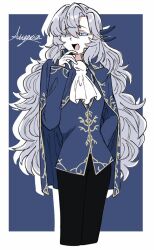 1boy :d argalia_(project_moon) ascot black_pants blue_background blue_cape blue_eyes blue_jacket blue_shirt border cape gloves gold_trim jacket library_of_ruina long_hair long_sleeves looking_at_viewer male_focus open_mouth pants project_moon q38jkwbeuo7116 shirt simple_background smile solo standing upper_body very_long_hair white_ascot white_border white_gloves white_hair