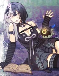 021_shiro 1girl arm_strap arm_support belt black_belt black_choker black_dress black_hair black_thighhighs book breasts chest_belt choker cleavage dress fang grey_hair hair_ornament hand_up hashtag-only_commentary highres hololive hololive_english large_breasts long_hair looking_at_viewer multicolored_hair novelites_(shiori_novella) open_book open_mouth shiori_novella shiori_novella_(1st_costume) sitting skin_fang sleeveless sleeveless_dress smile split-color_hair striped_arm_warmers striped_clothes striped_thighhighs thighhighs twitter_username two-tone_hair virtual_youtuber waving yellow_eyes yokozuwari