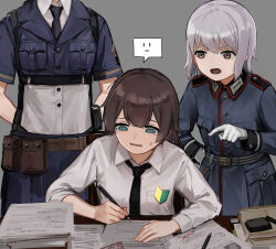 3girls arms_behind_back belt belt_pouch black_necktie blue_skirt breast_pocket brown_eyes brown_hair buttoned_cuffs buttons chair collared_shirt commander_(girls&#039;_frontline) desk dress_shirt epaulettes female_commander_(girls&#039;_frontline) fg42_(girls&#039;_frontline) folder girls&#039;_frontline gloves green_eyes grey_background hand_on_own_hip head_out_of_frame highres load_bearing_equipment long_hair long_sleeves military_uniform multiple_girls necktie on_chair p08_(girls&#039;_frontline) paper pen pocket pointing pouch rampart1028 shirt short_sleeves sitting skirt standing sweatdrop tearing_up tunic white_gloves white_shirt working