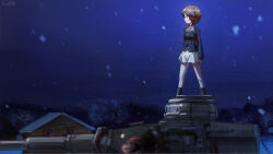 1girl black_gloves black_jacket black_socks brown_hair commentary_request elvafirst full_body girls_und_panzer gloves highres house jacket medium_hair military_vehicle miniskirt motor_vehicle night nishizumi_miho ooarai_military_uniform skirt snowing socks solo tank tree white_skirt