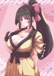 Rule 34 | 1girl, black gloves, black hair, bow, breasts, cleavage, fingerless gloves, gen 3 pokemon, gloves, heart, highres, japanese clothes, kimono, large breasts, mawile, nintendo, parted bangs, personification, pink background, pink bow, pokemon, ponytail, solo, standing, tasuki, yellow kimono, yokomiya4538