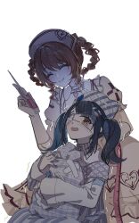2girls ^_^ animal_ear_headwear animal_ears bare_shoulders beanie black_hair blonde_hair blunt_bangs braid braided_hair_rings breasts buttons cat_princess chinese_commentary choker cleavage cleavage_cutout closed_eyes closed_mouth clothing_cutout collar collared_dress commentary_request cowboy_shot crossed_bandaids crying crying_with_eyes_open dark detached_collar dot_nose dress esseling_(infinity_nikki) eyepatch fake_animal_ears frilled_dress frilled_sleeves frills gloves grey_collar grey_dress grey_hair grey_hat hair_ornament hair_rings hairclip hand_on_another&#039;s_shoulder happy hat hat_ornament heart heart_choker heart_hat_ornament heart_print highres holding holding_ruler holding_syringe hug infinity_nikki leaning_forward light_blush long_hair long_sleeves looking_at_another making-of_available medical_eyepatch medium_dress multicolored_hair multiple_girls nikki_(series) nurse_cap off-shoulder_dress off_shoulder open_mouth parted_bangs pill_hair_ornament pink_choker pink_eyes plaid_hat puffy_short_sleeves puffy_sleeves quirky_idea_(infinity_nikki) sad_sack_(infinity_nikki) scared short_hair short_sleeves simple_background sitting sleeve_cuffs sleeves_past_wrists smile streaked_hair striped_clothes striped_dress sweet_diagnosis_(infinity_nikki) syringe syringe_hair_ornament teardrop tears trembling twintails two-tone_collar two-tone_dress two-tone_hair upturned_eyes vertical-striped_clothes vertical-striped_collar vertical-striped_dress wavy_mouth white_background white_collar white_dress white_gloves white_hat