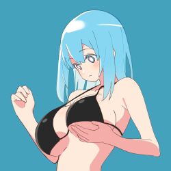 1girl bikini black_bikini blue_background blue_eyes blue_hair blush breast_lift breasts cleavage closed_mouth commentary_request grabbing_own_breast hair_between_eyes kamotsu large_breasts medium_hair original simple_background solo swimsuit upper_body