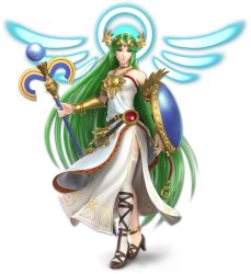 1girl 3d armpits asymmetrical_footwear asymmetrical_legwear bare_shoulders belt collarbone dress female_focus green_eyes green_hair high_heels highres jewelry kid_icarus kid_icarus_uprising long_hair mismatched_footwear mismatched_legwear nintendo official_art palutena parted_bangs shield solo staff strapless strapless_dress super_smash_bros. thighhighs tiara very_long_hair white_thighhighs
