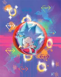 1boy adam_bryce_thomas animal_nose chaos_emerald closed_mouth commentary gloves male_focus red_shoes ring_(sonic) shoes signature smile sneakers solo sonic_(series) sonic_the_hedgehog sonic_the_hedgehog_(classic) white_gloves