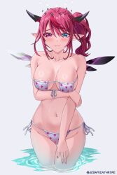 Rule 34 | 1girl, arm under breasts, artist name, asymmetrical wings, bare shoulders, bikini, black halo, black horns, blue eyes, blush, breasts, closed mouth, collarbone, commentary, commission, crystal wings, english commentary, eyepatch bikini, fingernails, front-tie bikini top, front-tie top, grey background, halo, heterochromia, highres, hololive, hololive english, horns, irys (hololive), large breasts, long hair, looking at viewer, looking down, mismatched wings, multicolored hair, multicolored horns, nail polish, navel, pink eyes, pink hair, pink lips, pink nails, pink wings, pointy ears, purple wings, seraphim throne, side-tie bikini bottom, side ponytail, solo, sparkle print, star-shaped pupils, star (symbol), stomach, streaked hair, sweat, swimsuit, symbol-shaped pupils, thighs, twitter username, two-tone hair, two-tone horns, virtual youtuber, wading, wavy mouth, white bikini, white halo, wings