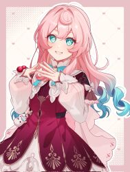 1girl aqua_eyes aqua_hair blush dress gradient_hair hair_between_eyes highres honkai:_star_rail honkai_(series) hyacine_(honkai:_star_rail) long_hair long_sleeves looking_at_viewer multicolored_hair pink_hair pochimaru_(marumaru_wanwan) red_dress simple_background smile solo teeth two-tone_hair white_dress