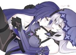 1yym 2girls acheron_(honkai:_star_rail) black_gloves black_pantyhose black_swan_(honkai:_star_rail) blush breasts cleavage closed_mouth commentary dress elbow_gloves food fruit gloves hashtag-only_commentary hickey highres honkai:_star_rail honkai_(series) hug large_breasts long_hair multiple_girls pantyhose parted_lips peach purple_dress purple_eyes purple_gloves simple_background sweatdrop white_background white_hair yuri