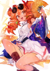 Rule 34 | 1girl, absurdres, bangle, belt, black belt, boots, bow, bracelet, breasts, brown boots, buttons, coat, commentary request, dress, drill hair, earrings, energy, eyewear on head, gem, green gemstone, hair between eyes, hair bow, hair ribbon, hand fan, hand up, highres, holding, holding fan, jewelry, kaamin (mariarose753), long hair, long sleeves, looking at viewer, medium breasts, open clothes, open coat, open mouth, orange hair, purple coat, red bow, red ribbon, ribbon, round eyewear, simple background, sitting, sleeveless, sleeveless dress, smile, solo, sunglasses, touhou, twin drills, white background, white dress, wide sleeves, yellow eyes, yorigami jo&#039;on