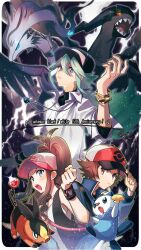 1girl 2boys anniversary baseball_cap blue_eyes blue_jacket blush brown_eyes brown_hair clenched_hand closed_mouth colored_sclera copyright_name gen_5_pokemon green_hair hat highres hii_(hii101) hilbert_(pokemon) hilda_(pokemon) jacket jewelry legendary_pokemon long_hair multiple_boys n_(pokemon) necklace nintendo open_mouth oshawott pokemon pokemon_(creature) pokemon_bw ponytail red_sclera reshiram sidelocks sparkle tepig twitter_username zekrom