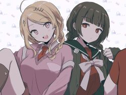 2girls :d ahoge akamatsu_kaede black_sailor_collar black_skirt blush braid breasts collared_shirt danganronpa_(series) danganronpa_v3:_killing_harmony fortissimo hair_ornament hairclip harukawa_maki kneehighs large_breasts long_hair long_sleeves mole mole_under_eye multiple_girls musical_note musical_note_hair_ornament necktie open_mouth pink_eyes pink_sweater_vest red_eyes red_necktie red_shirt red_thighhighs sailor_collar shirt sitting skirt smile socks sweater_vest teeth thighhighs tongue twintails upper_teeth_only white_background yasushi_(yssm8)