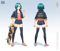 1girl arm_at_side arms_at_sides artist_name ass black_jacket black_shorts black_thighhighs blue_hair breasts character_name cleavage clenched_hands clothes_writing collarbone collared_jacket commentary cropped_jacket curled_fingers dot_nose electricity electrokinesis english_text eyebrows_hidden_by_hair fish_hair_ornament from_behind full_body gradient_background grey_background grid_background hair_ornament hair_over_one_eye hand_up highres holding holding_skateboard invisible_floor jacket legs_apart lightning_bolt_symbol long_eyelashes looking_at_viewer multiple_views open_clothes open_jacket original parted_bangs parted_hair pink_shirt pink_shoes print_jacket reference_sheet shadow shirt shirt_tucked_in shoes short_hair short_shorts shorts sidelocks skateboard skindentation sleeves_rolled_up small_breasts smile sneakers solo spiked_hair standing straight-on symbol-only_commentary thick_eyebrows thick_eyelashes thighhighs thighs turnaround v-shaped_eyebrows vertigris white_background yellow_eyes yellow_trim zipper