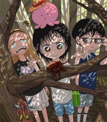 1boy 2girls adjusting_eyewear azuma_naoki beetle black_hair black_hairband black_shirt blonde_hair blue_shirt brown_eyes bug bug_cage bug_hunting butterfly choppy_bangs cicada collared_shirt colored_skin creature dappled_sunlight day feet_out_of_frame forest fukahire_engine glasses grass grey_shorts grimace hairband hands_up hat heart heart-shaped_pupils highres insect kirarazaka_marina kuze_shizuka leaf long_hair looking_at_animal looking_at_another mating_(animal) multiple_girls nature o3o on_head open_mouth outdoors pink_skin print_shirt rectangular_eyewear rhinoceros_beetle shirt short_hair short_sleeves shorts skirt small_pupils socks star-shaped_pupils star_(symbol) straw_hat sunlight symbol-shaped_pupils takopii takopii_no_genzai tearing_up tree wasp wavy_hair white_shirt white_skirt white_socks yellow_eyes