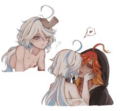 2girls ? ahoge alternate_skin_color bare_shoulders bite_mark bite_mark_on_neck black_robe blood blood_from_mouth blood_on_arm blood_on_chest blue_eyes blue_hair blush breasts collarbone commentary dark-skinned_female dark_skin drop-shaped_pupils eni_(enidaisy69) french_kiss from_behind furina_(genshin_impact) genshin_impact hair_between_eyes half-closed_eyes hand_on_another&#039;s_head hands_on_another&#039;s_face hashtag-only_commentary headpat heart highres hood hood_up kiss long_hair looking_at_another looking_at_viewer looking_to_the_side looking_up mavuika_(genshin_impact) multicolored_hair multiple_girls one_eye_closed orange_eyes parted_lips pointy_ears ponytail red_hair robe saliva shirt simple_background small_breasts spoken_heart symbol-only_commentary symbol-shaped_pupils tongue tongue_out topless_female torn_clothes torn_shirt two-tone_hair upper_body vampire white_background white_hair white_shirt yuri