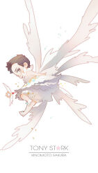 Rule 34 | 1boy, angel wings, animification, bloomers, blush stickers, brown eyes, brown hair, cardcaptor sakura, character name, chibi, commentary, cosplay, crossdressing, dress, english commentary, facial hair, flying, full body, holding, holding wand, iron man (series), kinomoto sakura, kinomoto sakura (clear wings), kinomoto sakura (cosplay), looking at viewer, male focus, marvel, marvel cinematic universe, mian lang, no mouth, shoes, short hair, short sleeves, simple background, solo, sparkle, star-shaped pupils, star (symbol), symbol-shaped pupils, tony stark, underwear, wand, white background, white bloomers, white dress, white shoes, wings