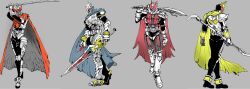 Rule 34 | 4boys, alternate form, armor, armored boots, armored gloves, asymmetrical armor, back, belt, black bodysuit, black pants, blay buckle, blay rouzer, blue eyes, blurry, bodysuit, bokeh, boots, bracelet, breastplate, building, cape, card, cloud, cloudy sky, commentary request, compound eyes, contrapposto, cowboy shot, den-o belt, depth of field, double-sided polearm, feet out of frame, full armor, full body, gauntlets, gloves, glowing, glowing eyes, grey background, helmet, highres, holding, holding card, holding sword, holding weapon, horns, ichitaka (1015ichitaka), jewelry, kabuto zecter, kamen rider, kamen rider agito, kamen rider agito (series), kamen rider blade, kamen rider blade (series), kamen rider den-o, kamen rider den-o (series), kamen rider kabuto, kamen rider kabuto (series), katana, knee pads, knight, light rays, limited palette, looking back, male focus, mask, multiple boys, pants, polearm, red armor, red cape, red eyes, red horns, rider belt, shoulder armor, sky, spiked bracelet, spikes, spot color, standing, sword, sword form, tokusatsu, torn cape, torn clothes, walking, weapon, white background, yellow cape, yellow horns
