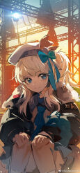 1girl absurdres blonde_hair blue_eyes blue_necktie down_jacket feet_out_of_frame girls&#039;_frontline girls&#039;_frontline_2:_exilium hands_on_own_knees hat highres jacket looking_at_viewer necktie siriusbright_(xiaolang) sitting smile solo spotlight stage vepley_(girls&#039;_frontline_2) watermark weibo_username weibo_watermark white_hat