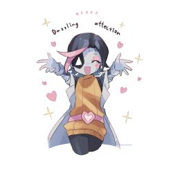 1boy :d ^_^ android belt black_hair black_pants closed_eyes coat commentary cropped_legs epictale eyeshadow facing_viewer flipped_hair foreshortening gloves heart_belt highres lab_coat makeup male_focus mechanical_arms mettaton mettaton_ex multicolored_hair open_clothes open_coat open_mouth orange_sweater outstretched_arms pants parted_hair pink_belt pink_eyeshadow pink_hair reaching reaching_towards_viewer ribbed_sweater ruannu short_hair simple_background sleeveless sleeveless_coat sleeveless_sweater smile solo sparkle streaked_hair sweater trap tumblr_username turtleneck turtleneck_sweater two-tone_hair undertale white_background white_coat white_gloves