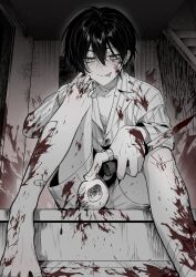 1boy absurdres bandaid bandaid_on_knee bandaid_on_leg barefoot black_hair blood blood_on_clothes blood_on_face blood_splatter blood_stain bloody_knife blush eyeball foreshortening guro highres holding holding_knife indoors knife licking_lips looking_at_viewer male_focus murder muted_color nanin original pajamas poking short_hair sitting smile solo spot_color stairs toes tongue tongue_out
