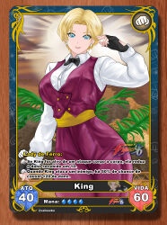 1girl absurdres bar bartender blonde_hair blue_eyes bow bowtie breasts curvy earrings female_focus formal_clothes gloves highres jewelry king_(snk) large_breasts long_sleeves looking_at_viewer pants shirt short_hair smile standing suit the_king_of_fighters thick_thighs thighs tuxedo valneeko white_shirt wide_hips