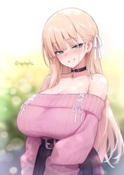 1girl black_choker blonde_hair blurry blurry_background blush bow breasts choker green_eyes hair_bow highres jinguji_ayano large_breasts light_blush long_hair looking_at_viewer mole mole_under_eye original outdoors smile solo solo_focus try_(lsc)