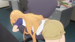 1girl animated anime_screenshot ass ass_focus bent_over blonde_hair blue_shirt brown_shorts chair denim denim_shorts green_eyes highres long_hair looking_back open_mouth ruri_no_houseki shirt shorts sound tagme tanigawa_ruri thighs video white_shirt
