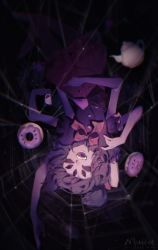 Rule 34 | 1girl, arm up, arthropod girl, black background, black eyes, black hair, black sclera, black shirt, blurry, bow, bowtie, character name, colored sclera, colored skin, cup, dark, dated, depth of field, donut, extra arms, extra eyes, fang, food, frilled sleeves, frills, full body, hands up, highres, insect girl, laughing, lazy kun, looking at viewer, muffet, nail polish, open mouth, pink nails, pointing, puffy short sleeves, puffy sleeves, purple skin, red bow, red bowtie, red skirt, shirt, short sleeves, silk, skirt, solo, spider girl, spider web, teacup, teapot, undertale, upside-down