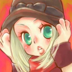 Rule 34 | 1girl, acolyte (ragnarok online), black bow, blonde hair, blush, bow, brown hat, close-up, commentary request, fedora, green eyes, hat, hat bow, looking at viewer, lowres, open mouth, orange background, ragnarok online, short hair, solo, tama1120
