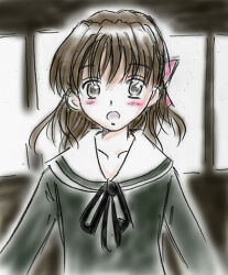 1girl black_dress black_ribbon blush bow brown_eyes brown_hair collarbone dress hair_bow long_hair long_sleeves looking_at_viewer maria-sama_ga_miteru naitou_shouko neck_ribbon open_mouth pink_bow ribbon school_uniform standing su_(pixiv_263717) upper_body window