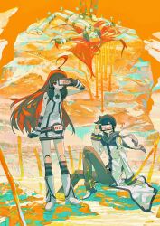 Rule 34 | 1boy, 1girl, :o, ?, absurdres, ahoge, beret cj, blue hair, blue scarf, brown pants, coat, highres, insanity (vocaloid), kaito (vocaloid), long hair, looking at viewer, multiple views, no mouth, orange eyes, orange hair, pants, parted lips, phone over face, robot girl, scarf, sf-a2 miki, short hair, sitting, song name, standing, vocaloid, white coat