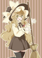 :d black_hat black_ribbon black_skirt black_thighhighs blonde_hair bow broom brown_background cowboy_shot green_eyes hair_bow hat hat_bow holding holding_broom kirisame_marisa long_hair long_sleeves looking_at_viewer meji_aniki neck_ribbon open_mouth red_bow ribbon shirt skirt smile standing standing_on_one_leg striped_background suspender_skirt suspenders thighhighs touhou vertical-striped_background very_long_hair white_bow white_shirt witch_hat