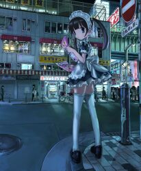 1girl akihabara_(tokyo) anbiyori apron black_hair city dress frills holding maid maid_headdress original shop sign standing thighhighs twintails zettai_ryouiki