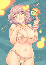 1girl bikini breasts cleavage female_focus green_eyes heart highres komeiji_satori large_breasts looking_at_viewer navel pink_hair plump short_hair smile solo swimsuit thighs touhou tsuutenkaaku underboob