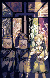 3boys absurdres arms_at_sides belt blonde_hair clone covered_face cross frown gat_(hat) green_headwear green_tunic hand_up hat highres holding holding_paper joints lineup link looking_down male_focus mask mouth_mask multiple_boys nintendo painting_(object) paper planstar pointy_ears pointy_hat princess_zelda robot_joints sheik short_hair short_sleeves solo_focus spotlight standing sword the_legend_of_zelda tunic weapon